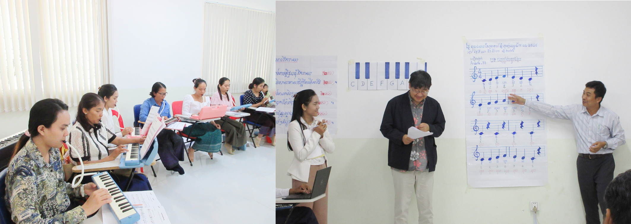 /></p>	<p>研修には、音楽教育の専門家である津田正之先生<strong>（</strong>国立音楽大学教授）と高倉弘光先生<strong>（</strong>筑波大附属小学校副校長 音楽科教員）をお迎えし、音楽教育の指導方法や授業づくりについてアドバイスを受けました。</p>	<p><img src=